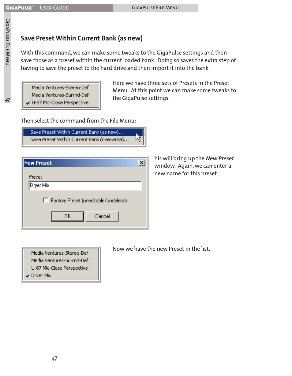 Save preset within current bank (as new) | Teac GigaPulse User Manual | Page 47 / 191