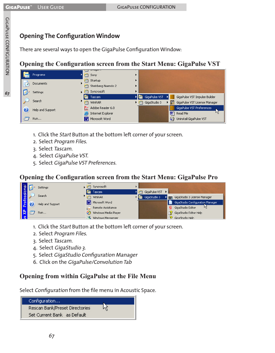 Opening the conﬁguration window, Opening from within gigapulse at the file menu | Teac GigaPulse User Manual | Page 67 / 191