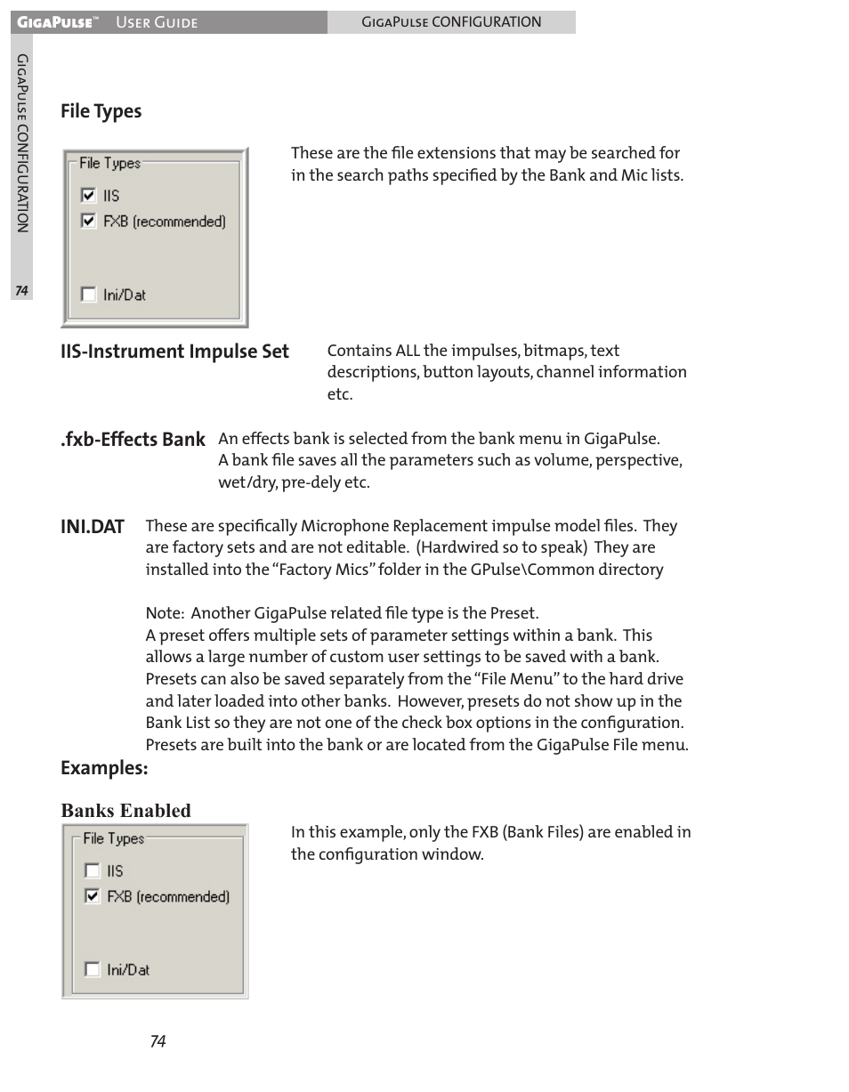 File types, Iis-instrument impulse set .fxb-effects bank, Ini.dat | Examples: banks enabled | Teac GigaPulse User Manual | Page 74 / 191