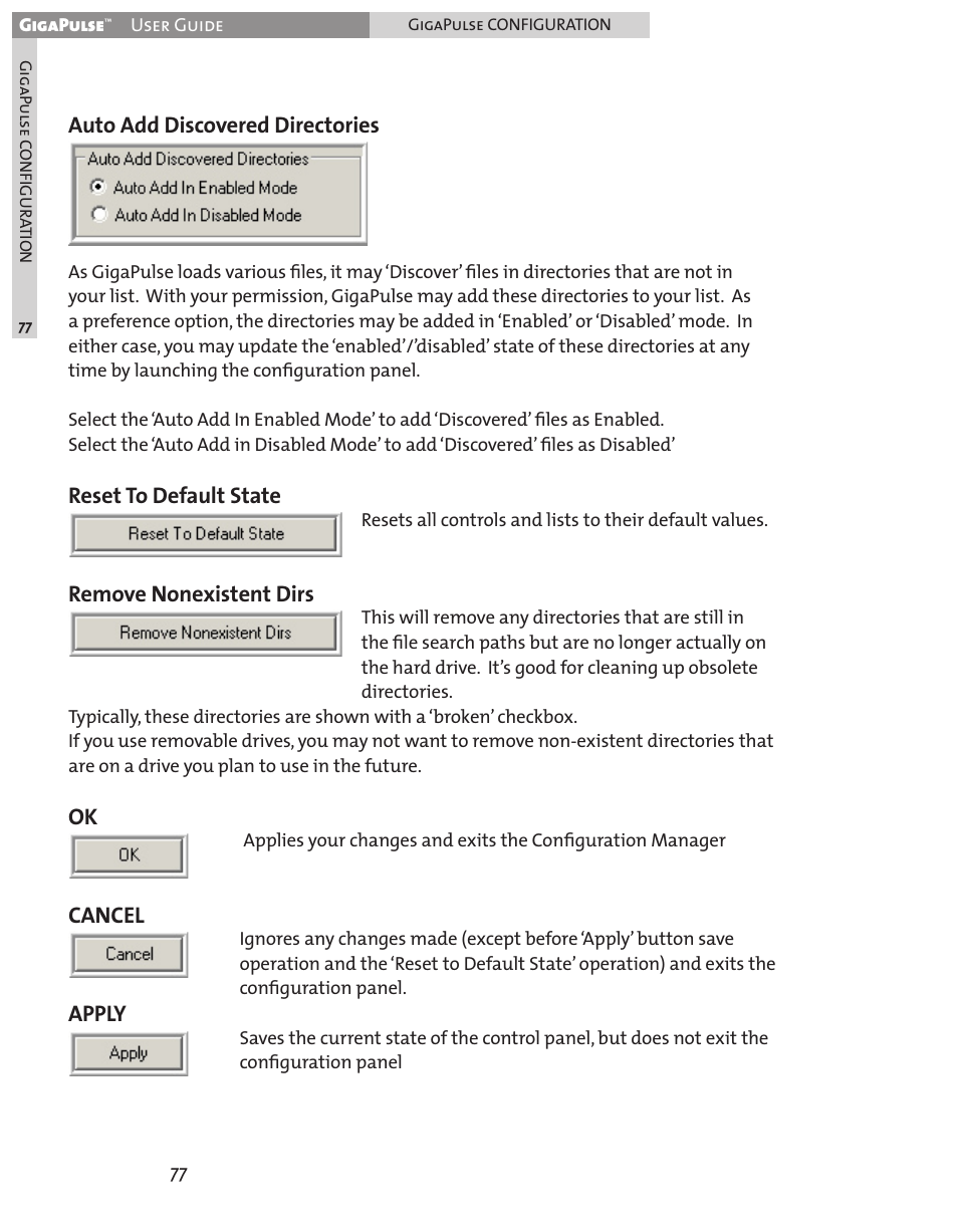 Auto add discovered directories, Reset to default state remove nonexistent dirs, Ok cancel apply | Teac GigaPulse User Manual | Page 77 / 191