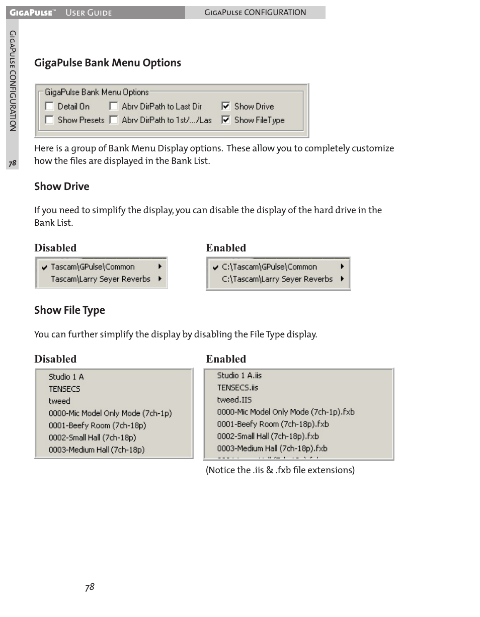 Gigapulse bank menu options, Show drive, Disabled enabled show file type | Disabled enabled | Teac GigaPulse User Manual | Page 78 / 191