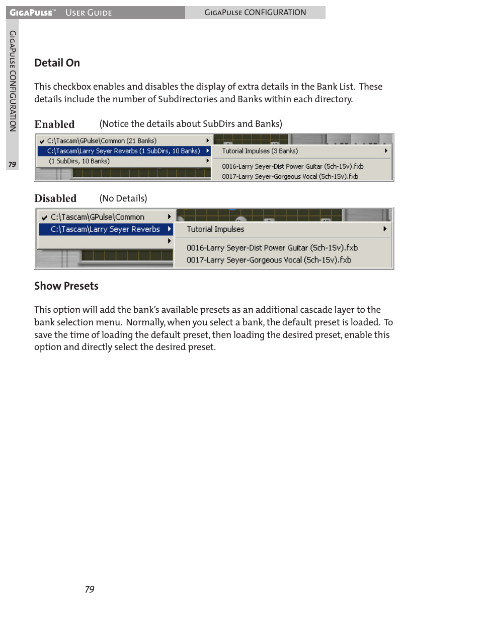 Detail on, Enabled, Disabled | Show presets | Teac GigaPulse User Manual | Page 79 / 191