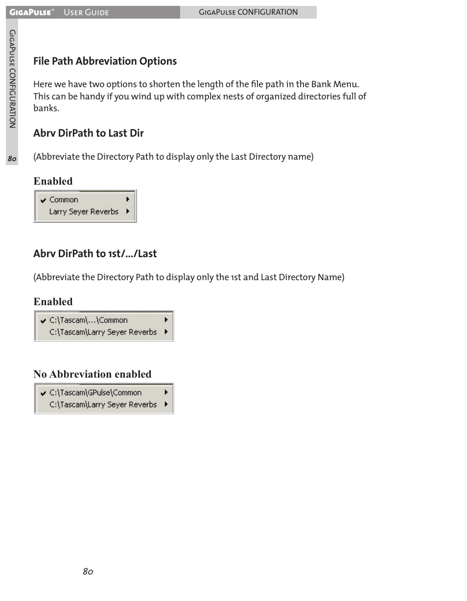 File path abbreviation options, Abrv dirpath to last dir, Enabled abrv dirpath to 1st/…/last | Enabled no abbreviation enabled | Teac GigaPulse User Manual | Page 80 / 191