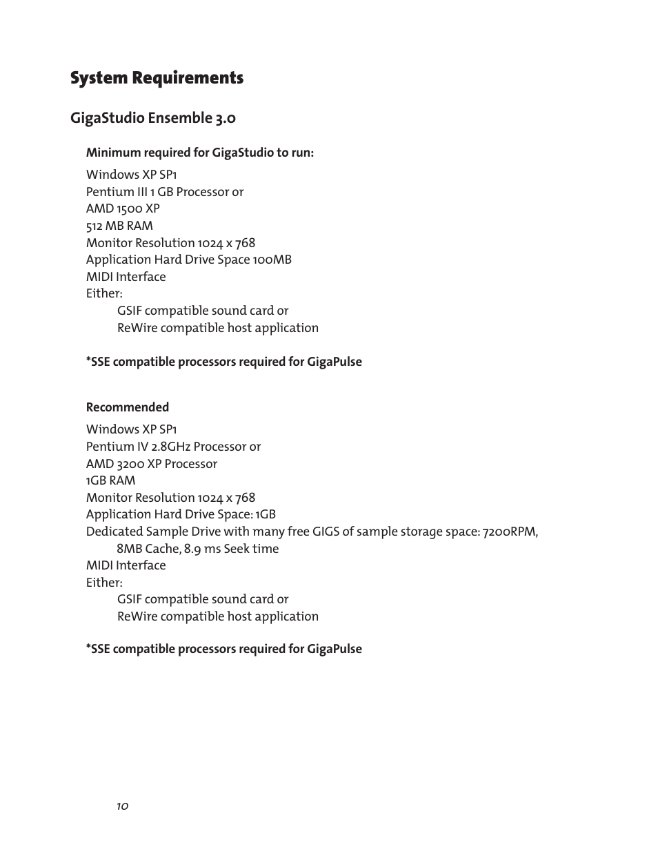 System requirements, Gigastudio ensemble 3.0 | Teac GigaStudio 3 User Manual | Page 10 / 301