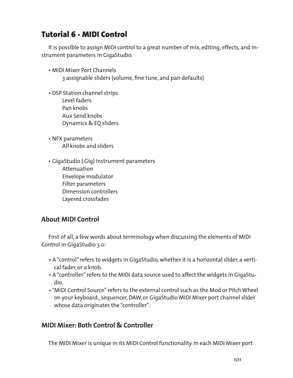 Tutorial 6 - midi control, About midi control, Midi mixer: both control & controller | Teac GigaStudio 3 User Manual | Page 101 / 301