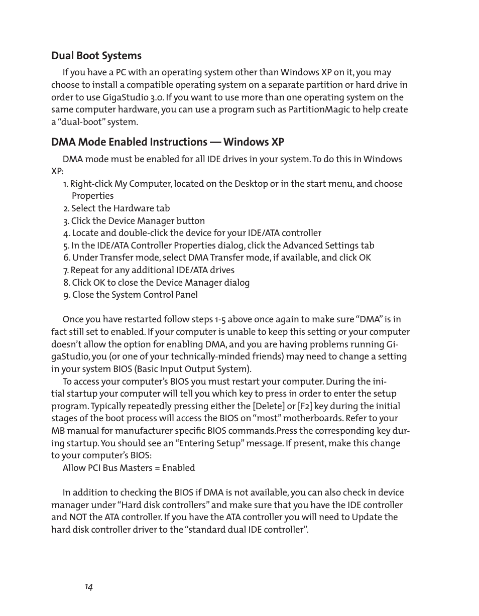 Dual boot systems, Dma mode enabled instructions — windows xp | Teac GigaStudio 3 User Manual | Page 14 / 301