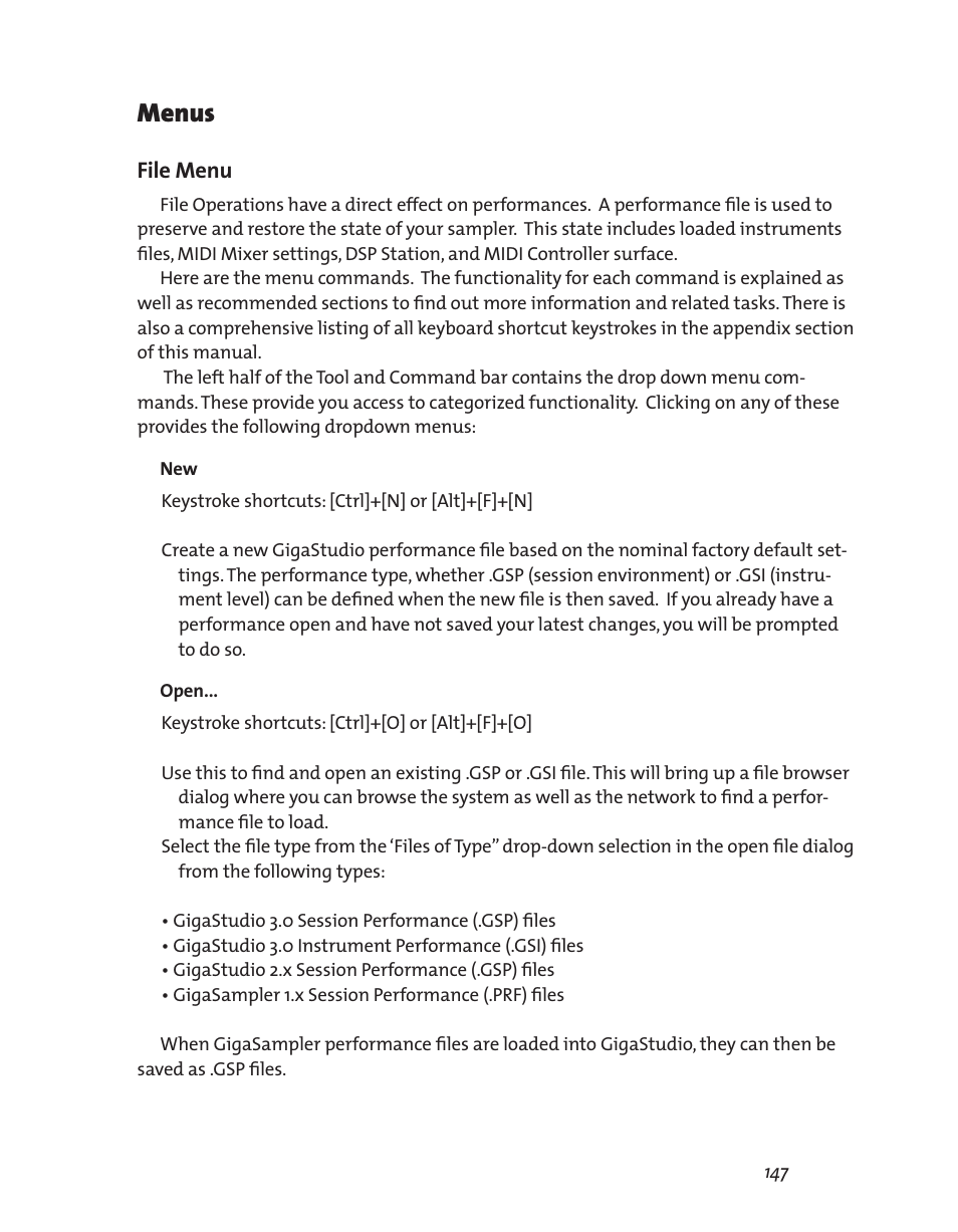 Menus, File menu | Teac GigaStudio 3 User Manual | Page 147 / 301