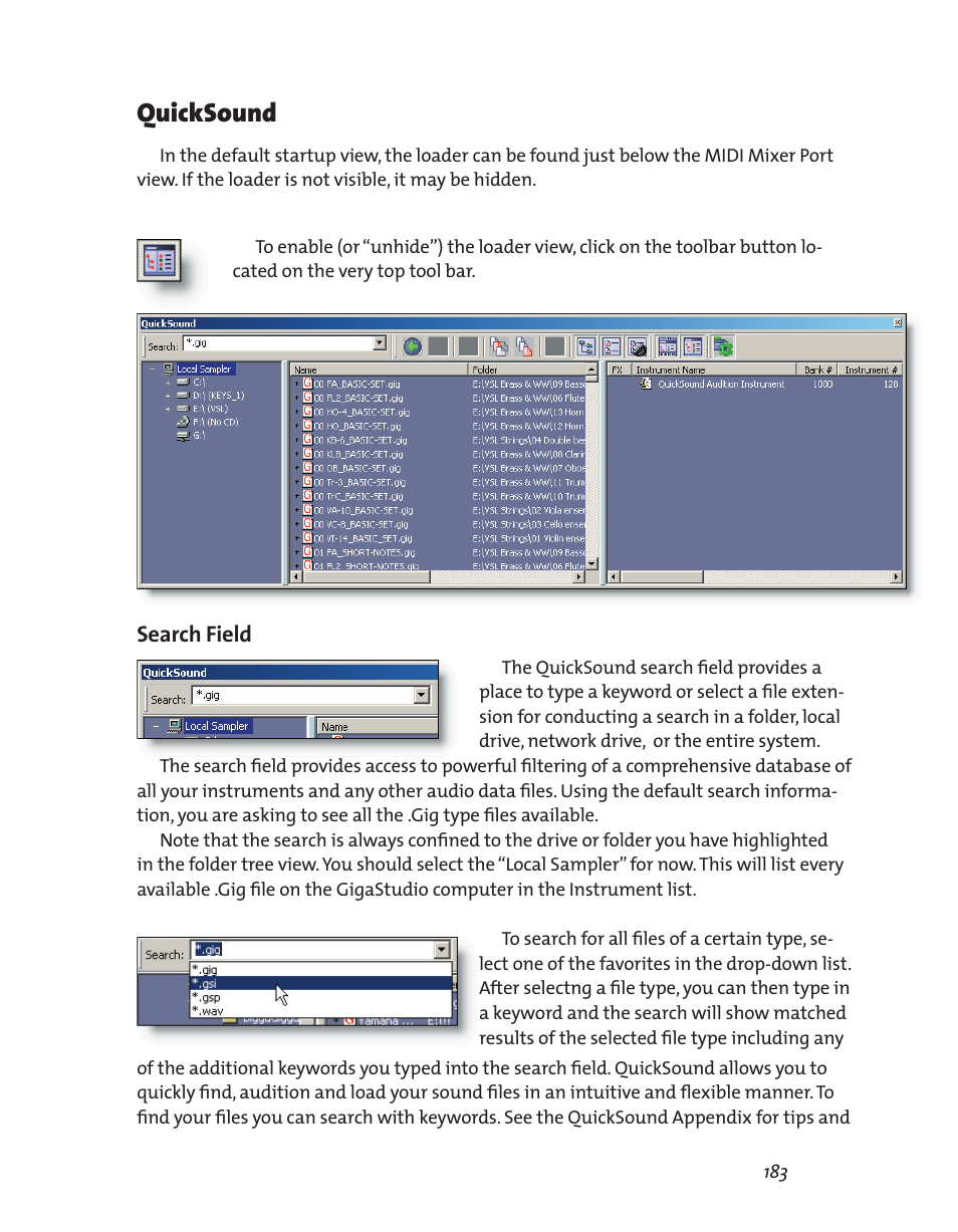 Quicksound, Search field | Teac GigaStudio 3 User Manual | Page 183 / 301