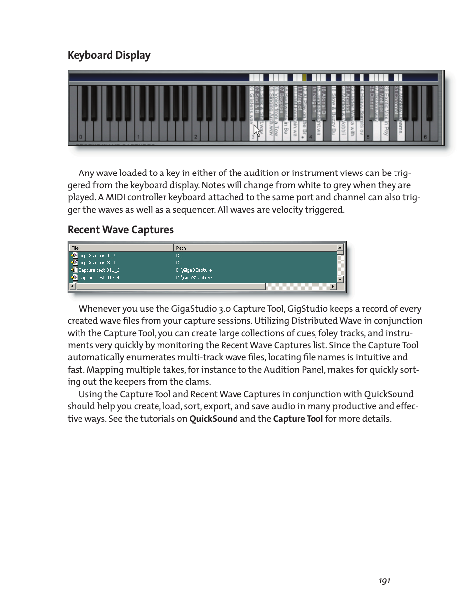 Keyboard display, Recent wave captures | Teac GigaStudio 3 User Manual | Page 191 / 301