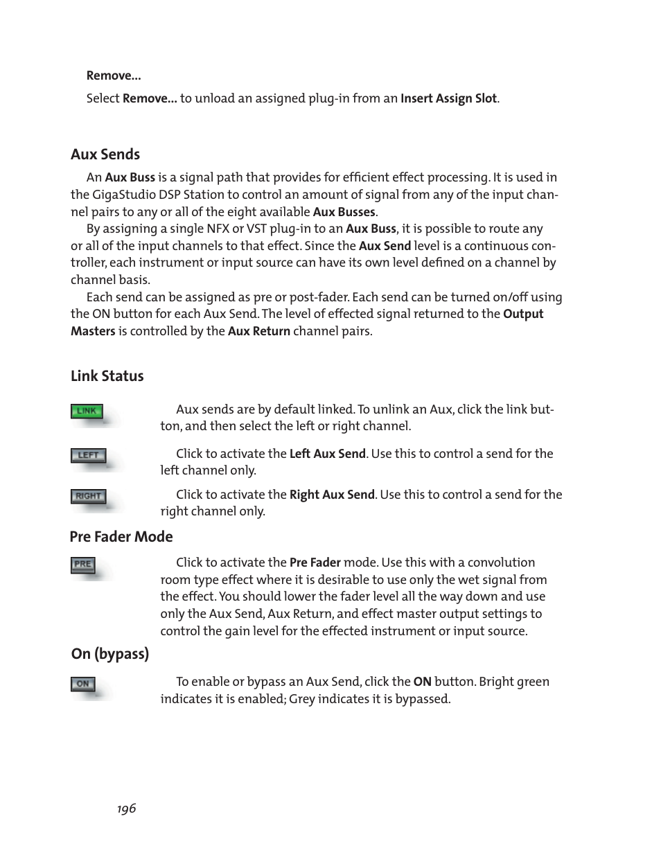 Aux sends, Link status, Pre fader mode on (bypass) | Teac GigaStudio 3 User Manual | Page 196 / 301