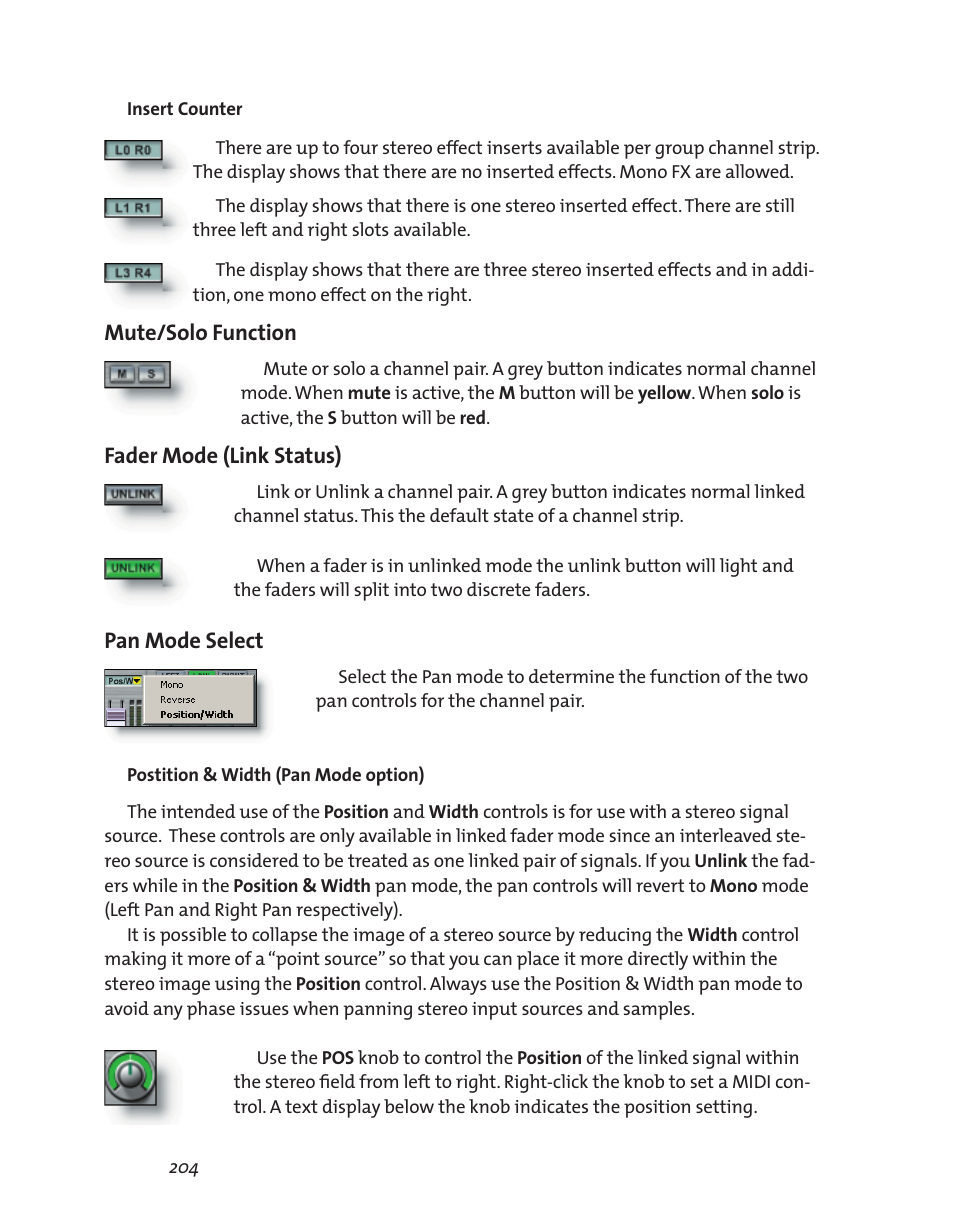 Fader mode (link status), Pan mode select, Mute/solo function | Teac GigaStudio 3 User Manual | Page 204 / 301