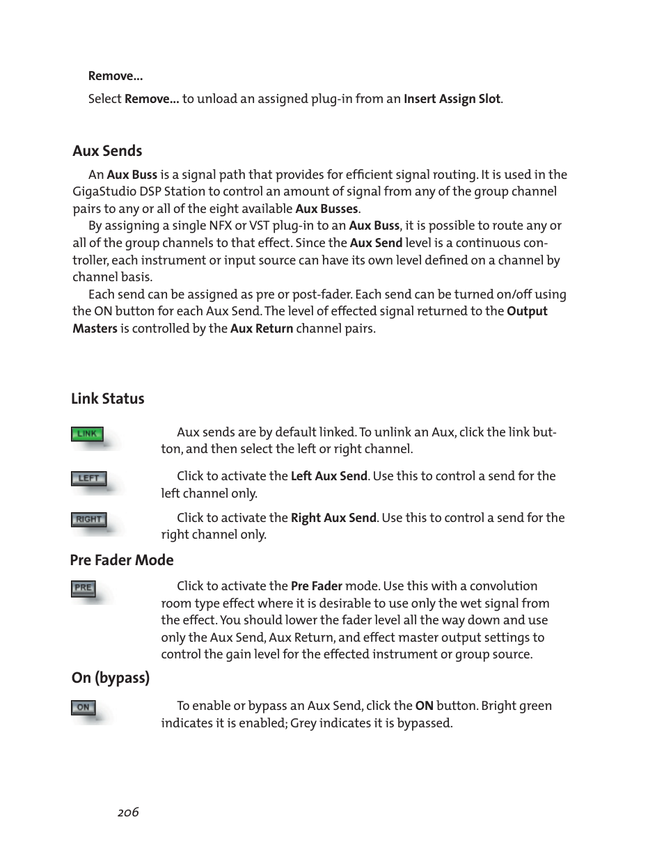 Aux sends, Link status, Pre fader mode on (bypass) | Teac GigaStudio 3 User Manual | Page 206 / 301