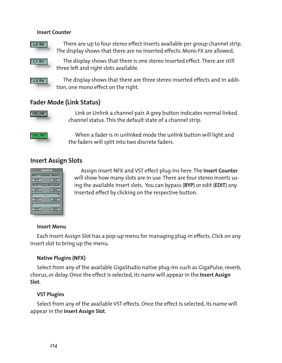 Fader mode (link status), Insert assign slots | Teac GigaStudio 3 User Manual | Page 214 / 301