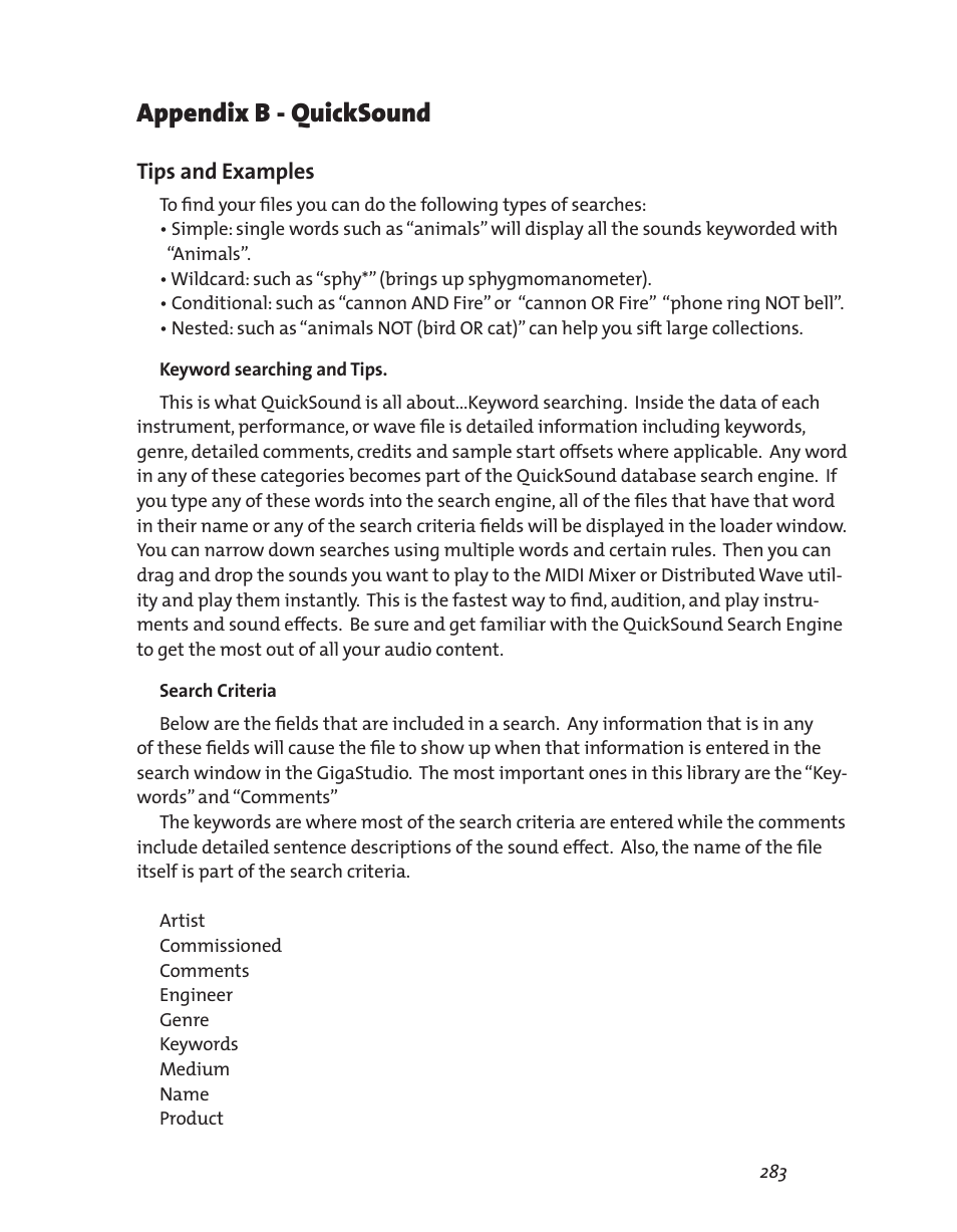 Appendix b - quicksound, Tips and examples | Teac GigaStudio 3 User Manual | Page 283 / 301