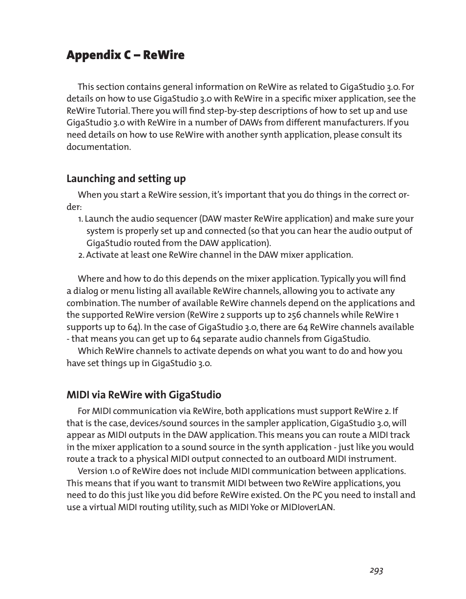 Appendix c – rewire, Launching and setting up, Midi via rewire with gigastudio | Teac GigaStudio 3 User Manual | Page 293 / 301