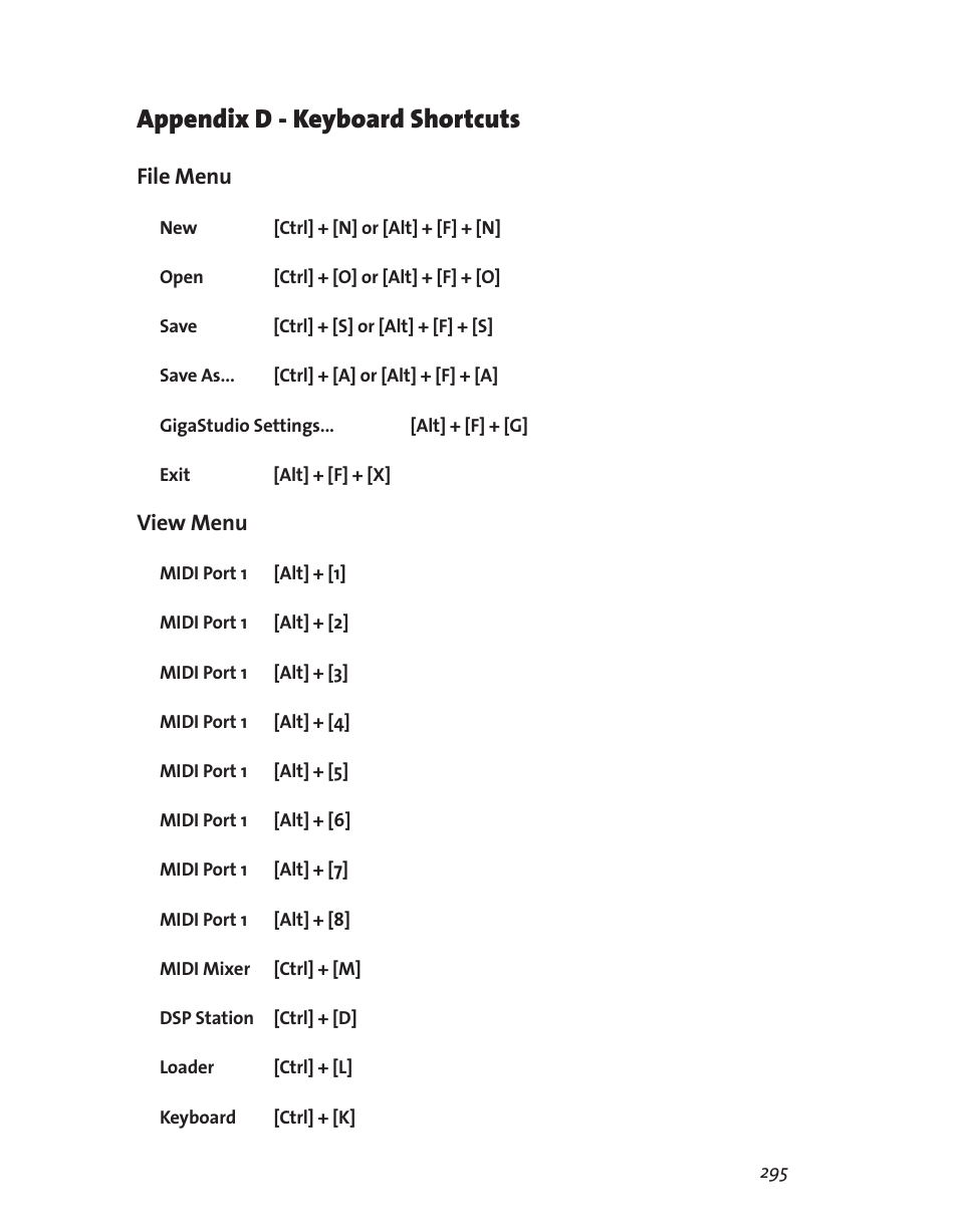 Appendix d - keyboard shortcuts, File menu, View menu | Teac GigaStudio 3 User Manual | Page 295 / 301