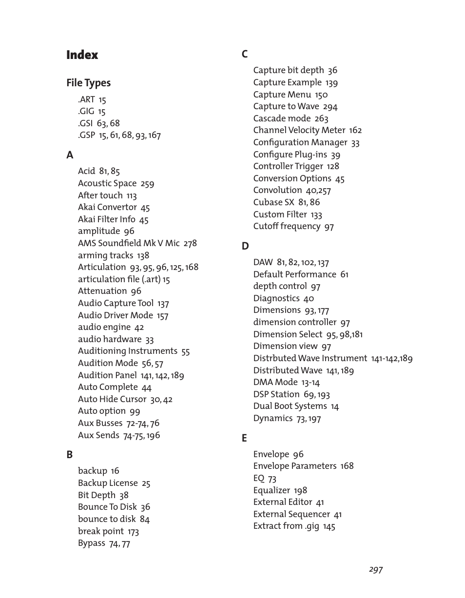 Index, File types | Teac GigaStudio 3 User Manual | Page 297 / 301