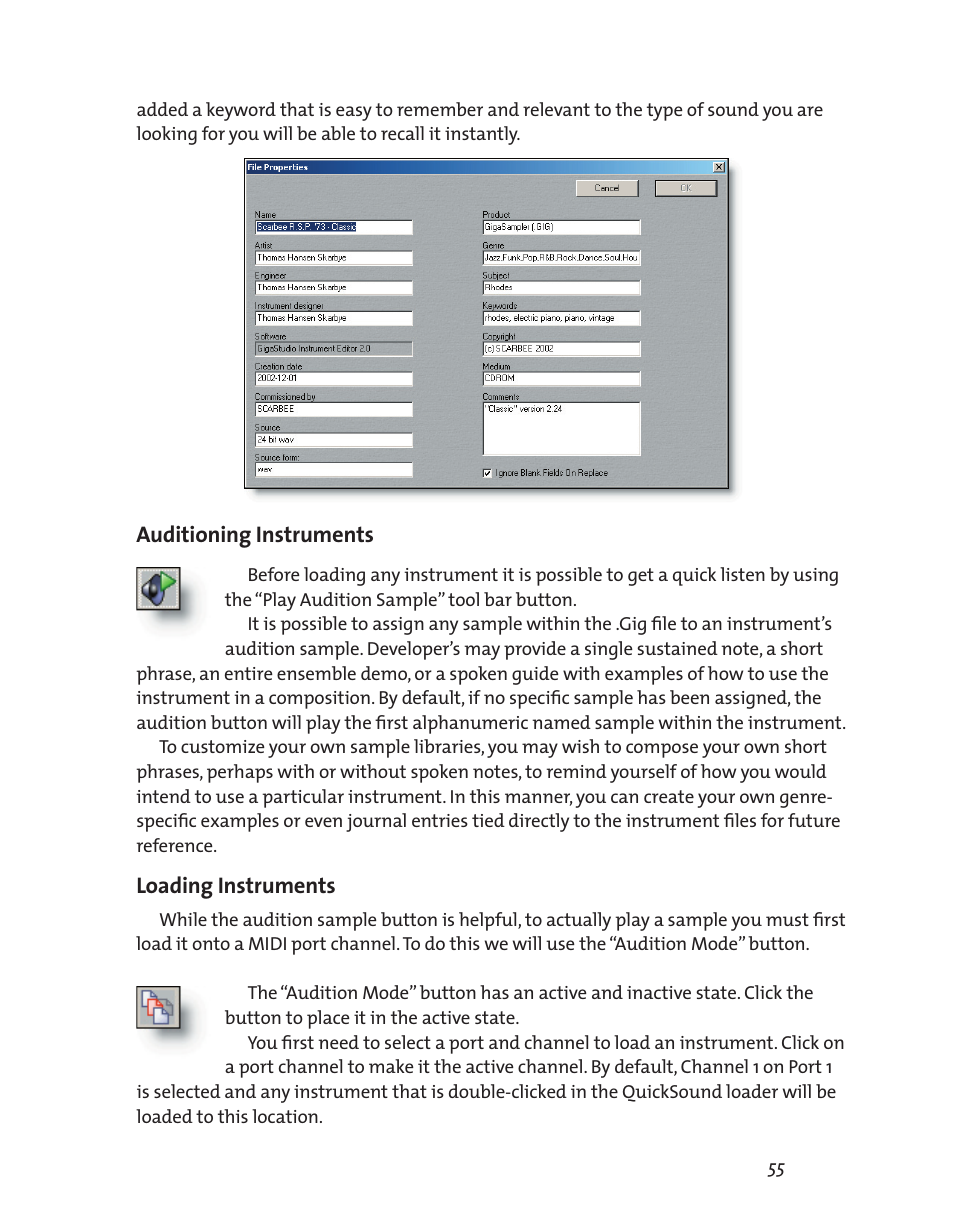 Auditioning instruments, Loading instruments | Teac GigaStudio 3 User Manual | Page 55 / 301