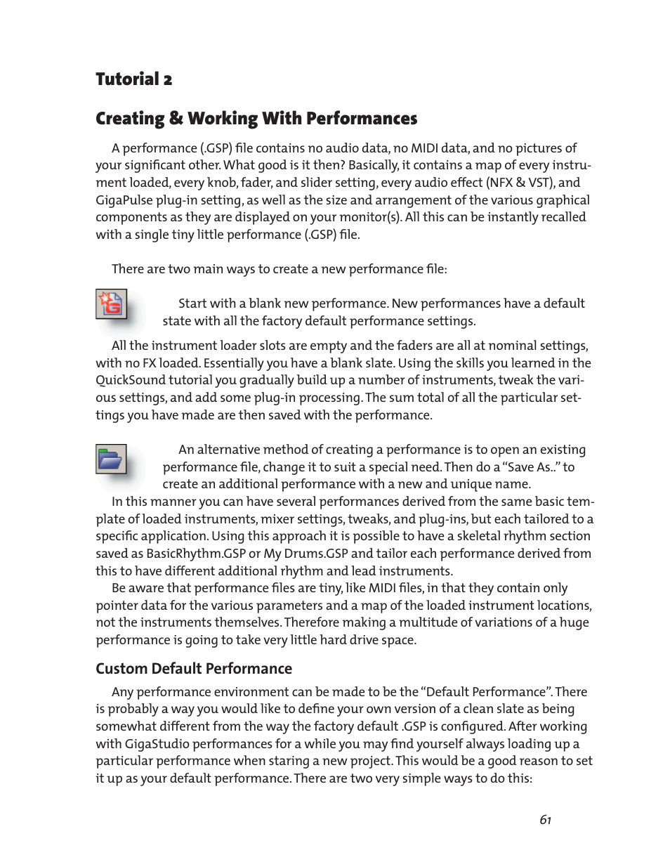 Tutorial 2 creating & working with performances, Custom default performance | Teac GigaStudio 3 User Manual | Page 61 / 301