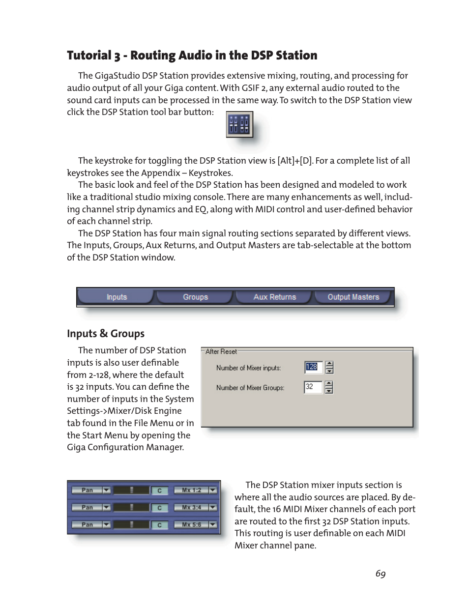 Tutorial 3 - routing audio in the dsp station, Inputs & groups | Teac GigaStudio 3 User Manual | Page 69 / 301