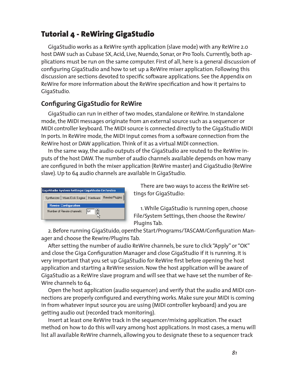 Tutorial 4 - rewiring gigastudio, Configuring gigastudio for rewire | Teac GigaStudio 3 User Manual | Page 81 / 301