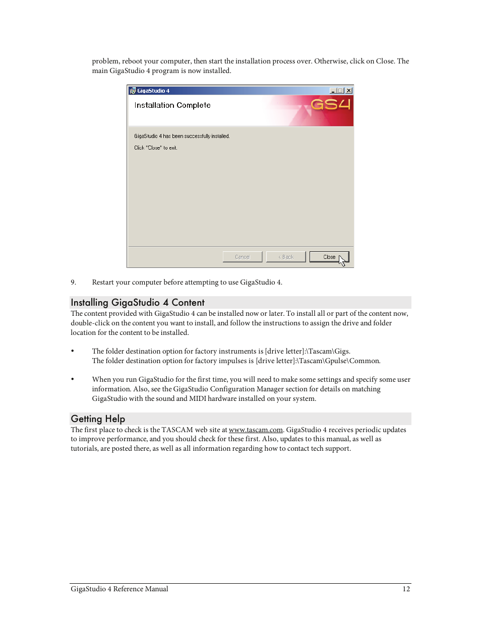 Installing gigastudio 4 content, Getting help | Teac GigaStudio 4 User Manual | Page 12 / 211