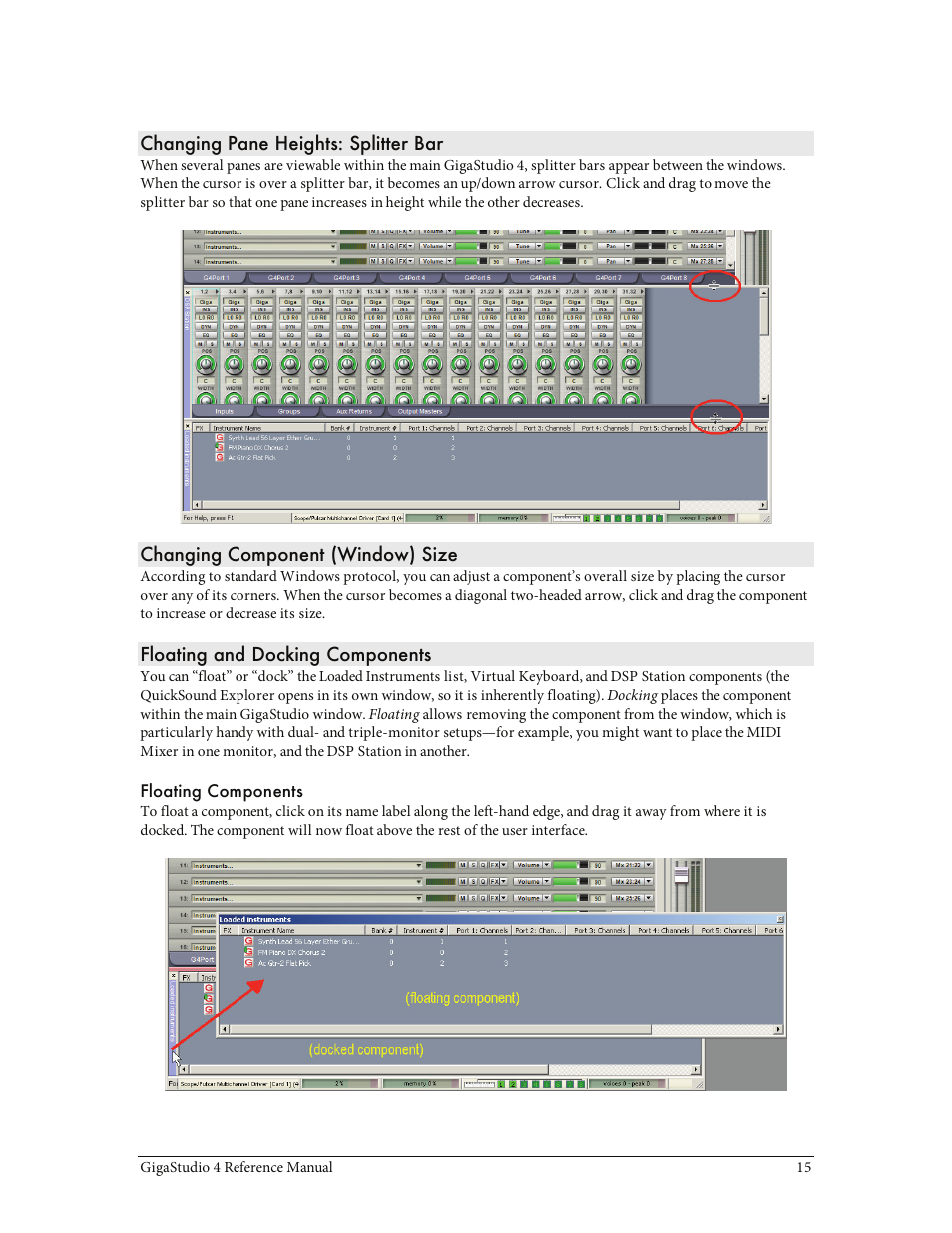 Changing pane heights: splitter bar, Changing component (window) size, Floating and docking components | Teac GigaStudio 4 User Manual | Page 15 / 211