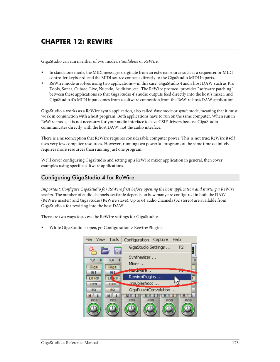 Chapter 12: rewire, Configuring gigastudio 4 for rewire | Teac GigaStudio 4 User Manual | Page 173 / 211