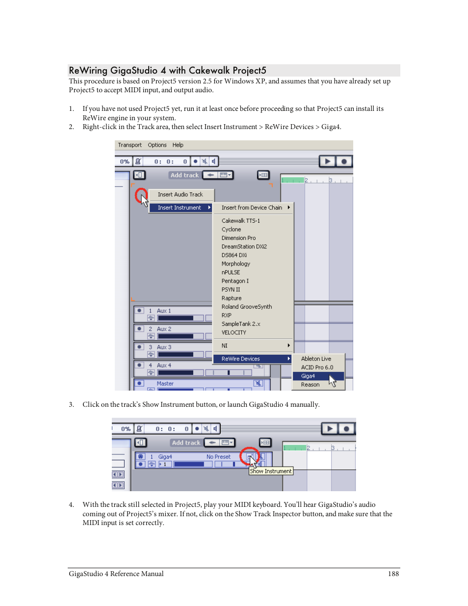 Rewiring gigastudio 4 with cakewalk project5 | Teac GigaStudio 4 User Manual | Page 188 / 211