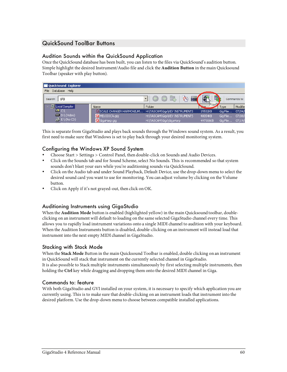 Quicksound toolbar buttons | Teac GigaStudio 4 User Manual | Page 60 / 211