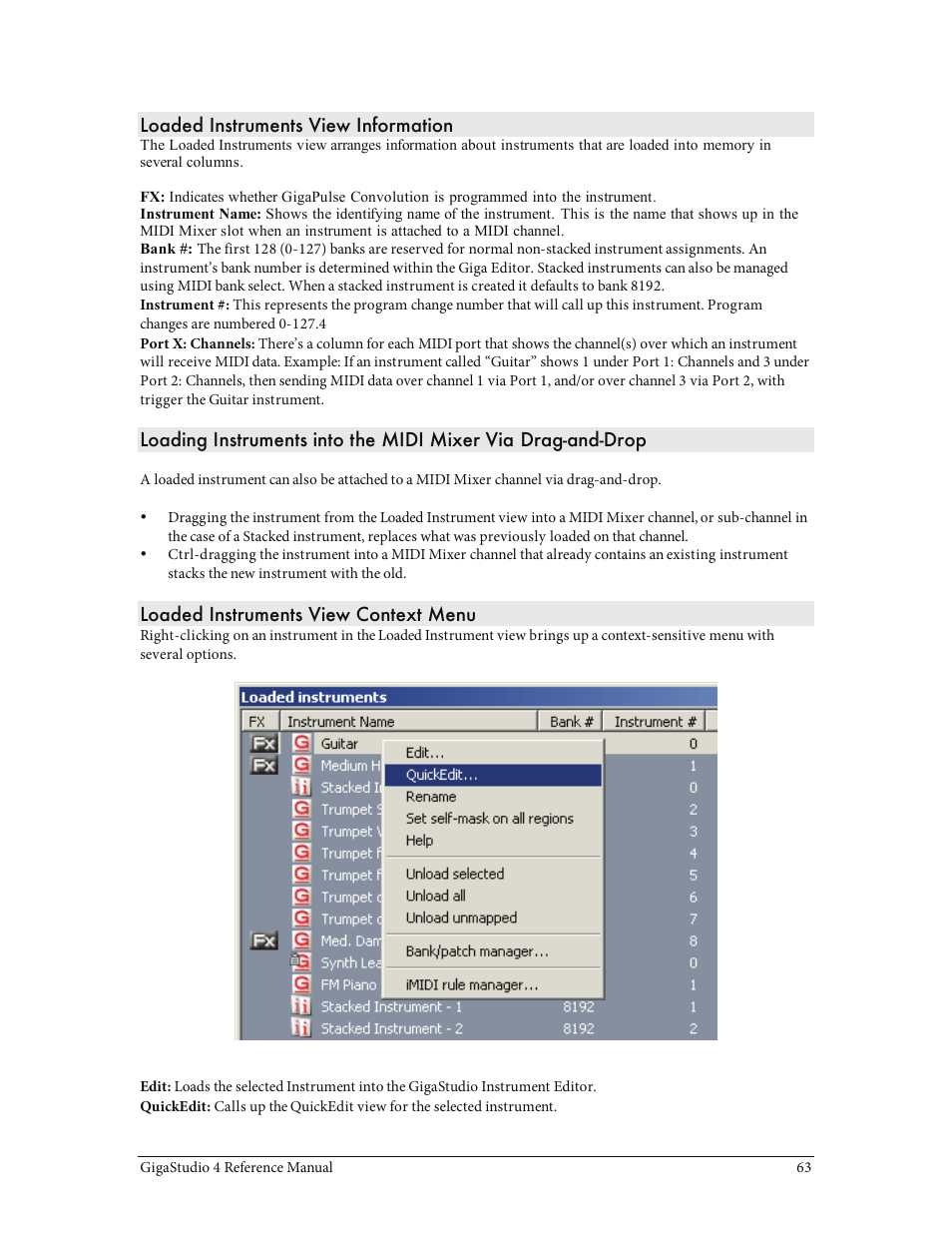 Loaded instruments view information, Loaded instruments view context menu | Teac GigaStudio 4 User Manual | Page 63 / 211