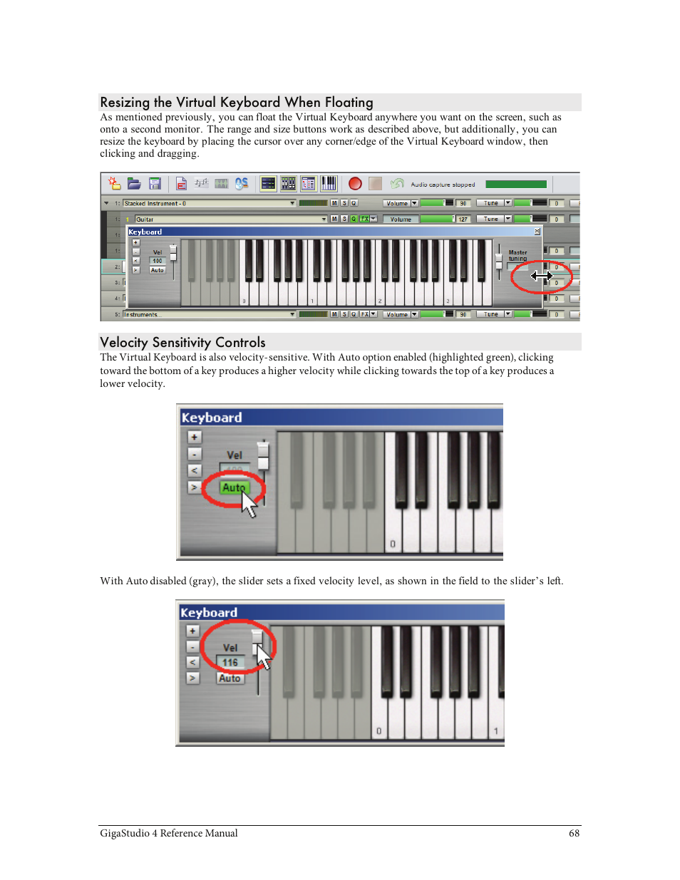 Resizing the virtual keyboard when floating, Velocity sensitivity controls | Teac GigaStudio 4 User Manual | Page 68 / 211