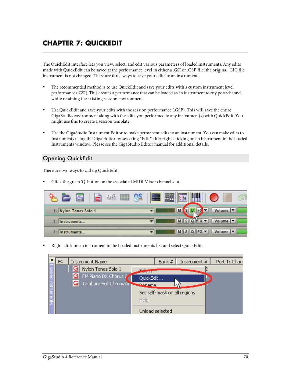 Chapter 7: quickedit, Opening quickedit | Teac GigaStudio 4 User Manual | Page 70 / 211