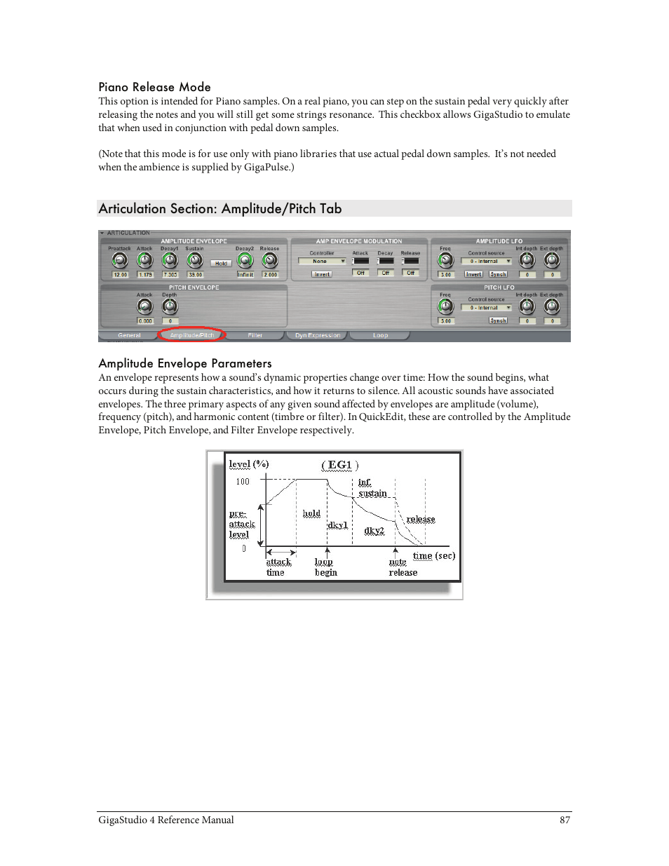 Articulation section: amplitude/pitch tab | Teac GigaStudio 4 User Manual | Page 87 / 211