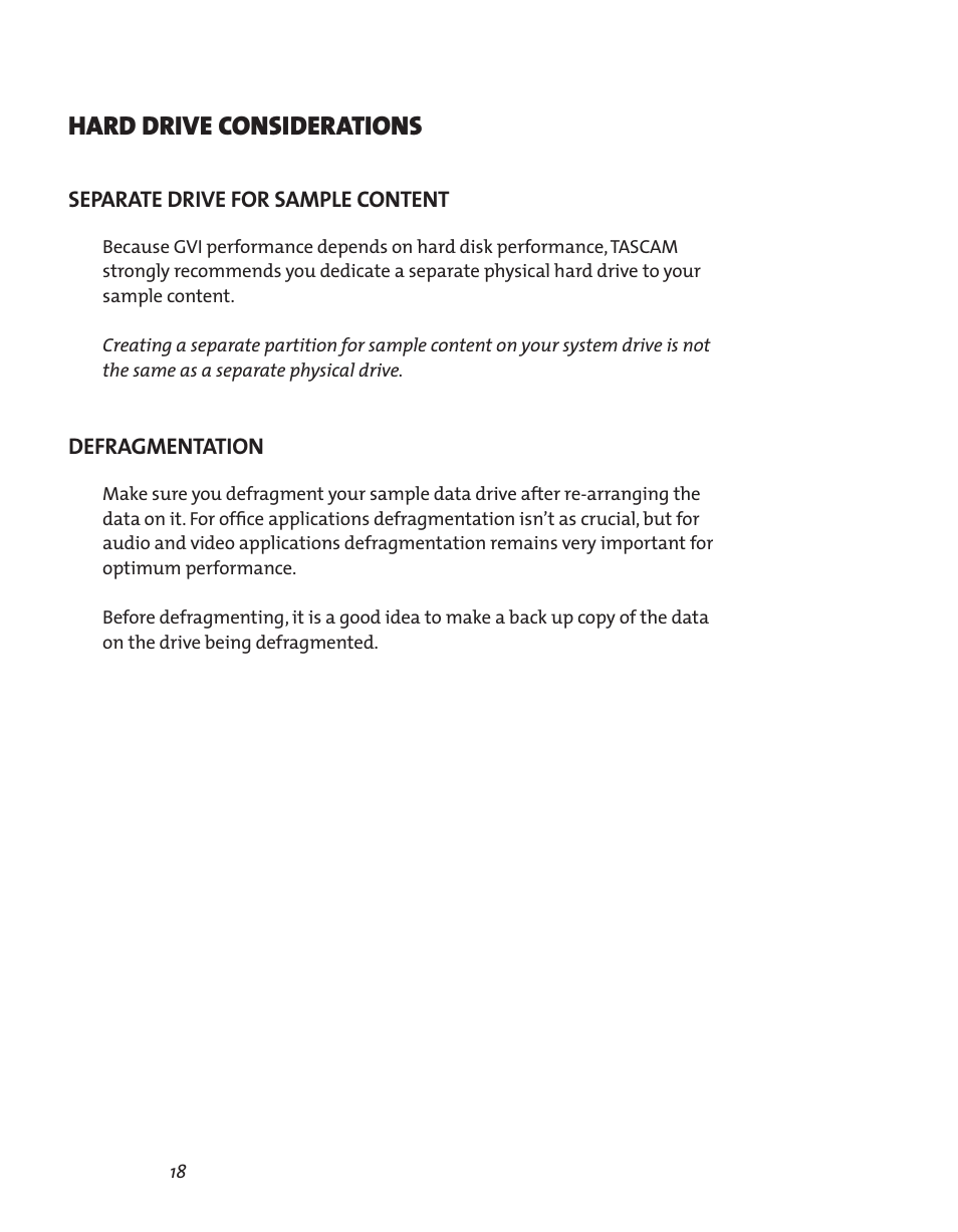 Hard drive considerations, Separate drive for sample content, Defragmentation | Teac GVI User Manual | Page 18 / 62