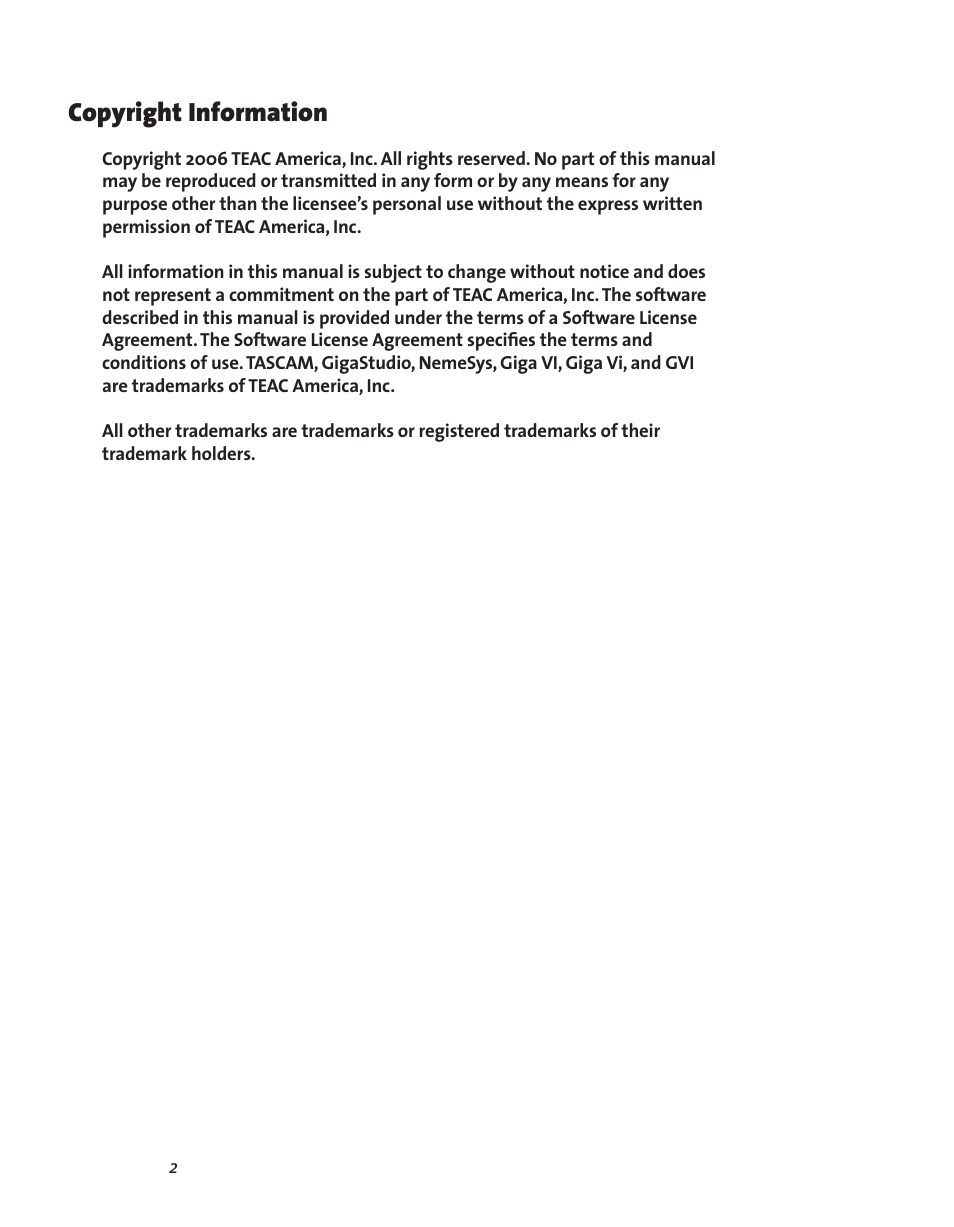 Copyright information | Teac GVI User Manual | Page 2 / 62
