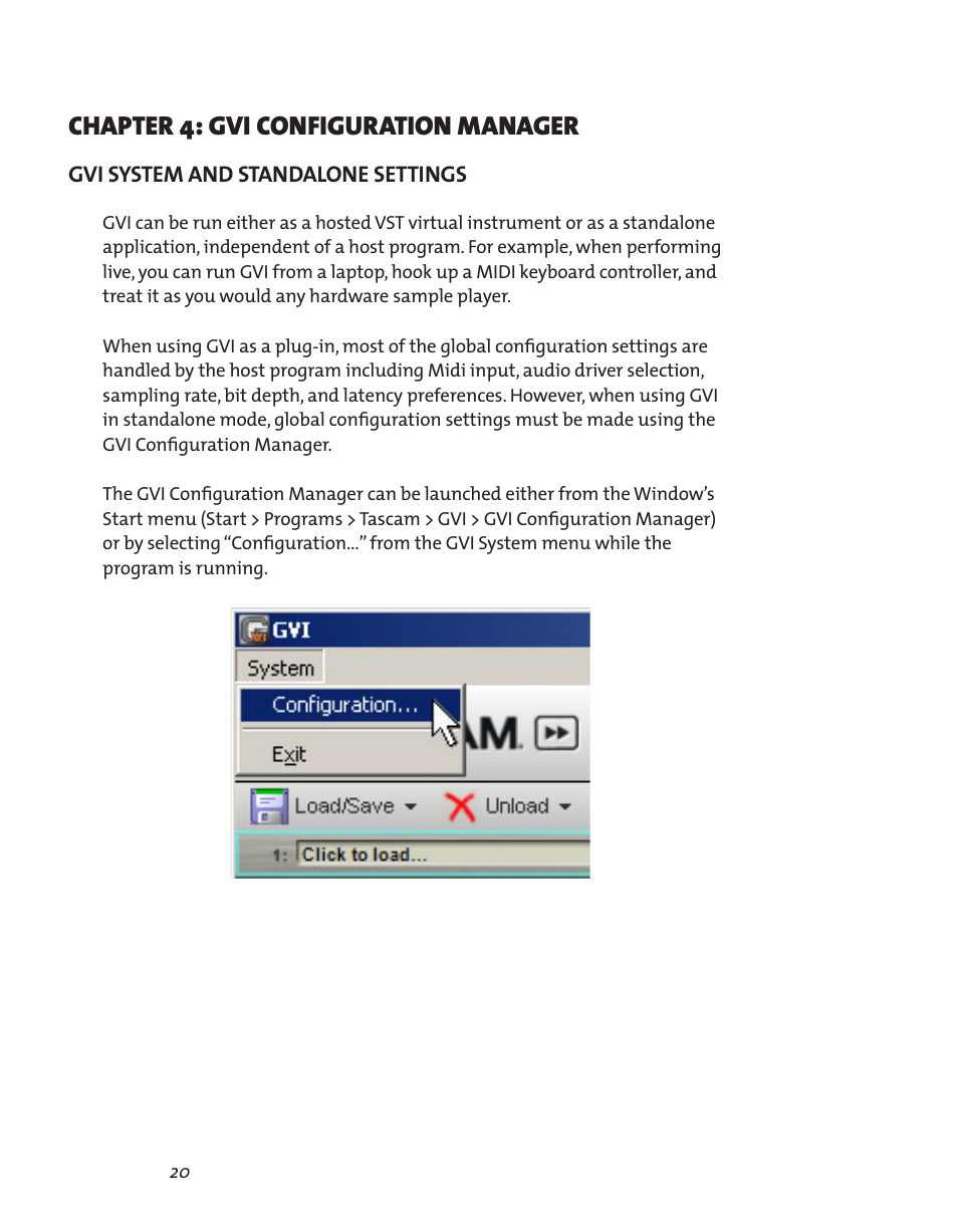 Chapter 4: gvi configuration manager, Gvi system and standalone settings, Chapter 4: gvi configuration manager 20 | Gvi system and standalone settings 20 | Teac GVI User Manual | Page 20 / 62