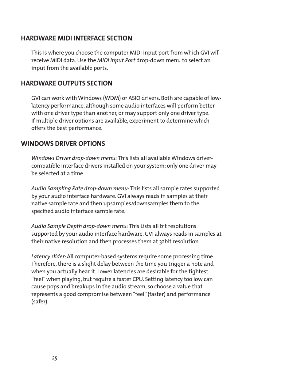 Hardware midi interface section, Windows driver options, Hardware outputs section | Teac GVI User Manual | Page 25 / 62