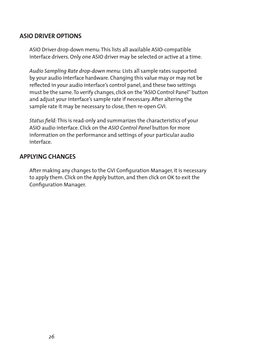 Asio driver options, Applying changes, Applying changes 26 | Teac GVI User Manual | Page 26 / 62