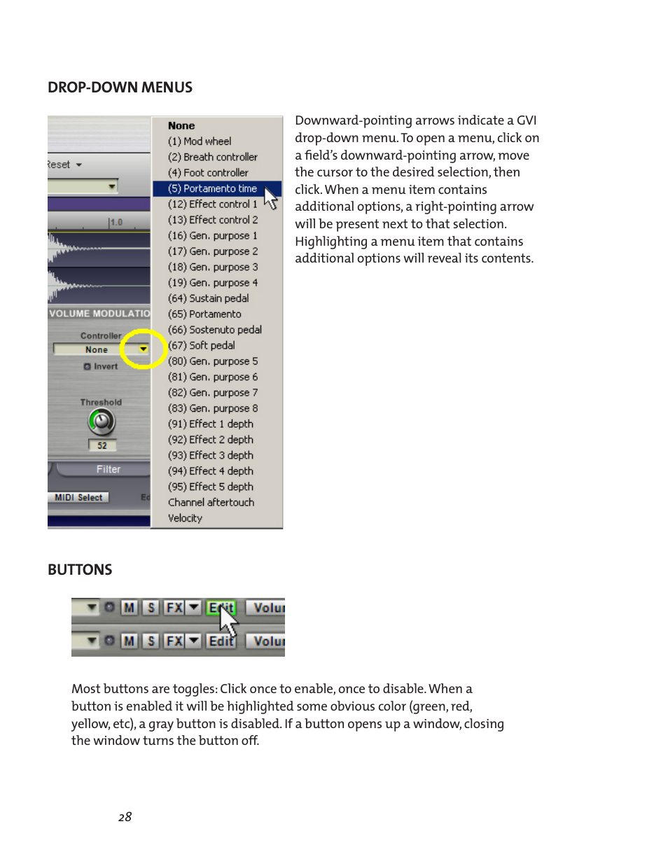 Drop-down menus, Buttons | Teac GVI User Manual | Page 28 / 62