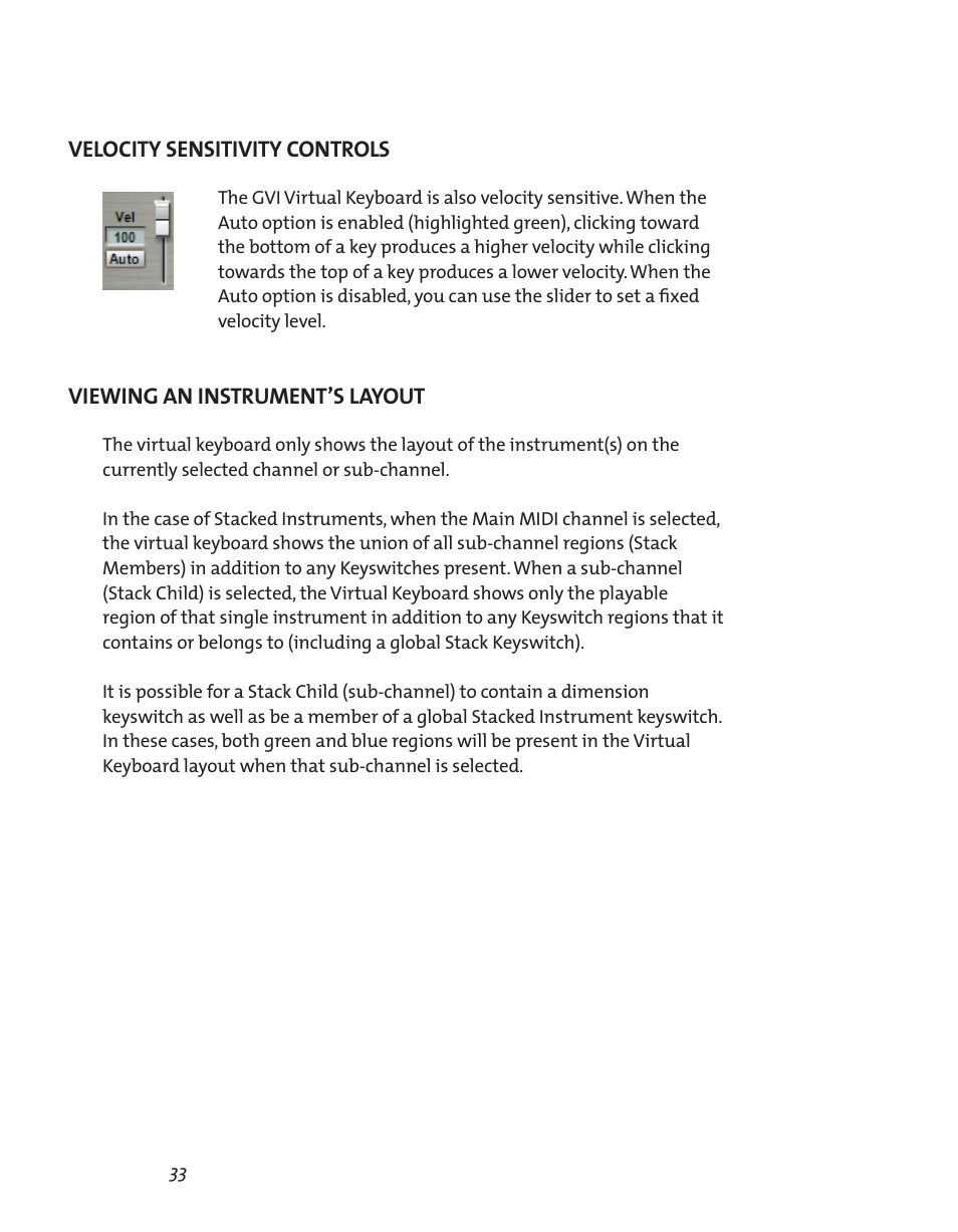 Velocity sensitivity controls, Viewing an instrument’s layout | Teac GVI User Manual | Page 33 / 62