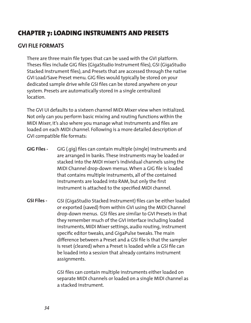 Chapter 7: loading instruments and presets, Gvi file formats, Chapter 7: loading instruments and presets 34 | Gvi file formats 34 | Teac GVI User Manual | Page 34 / 62