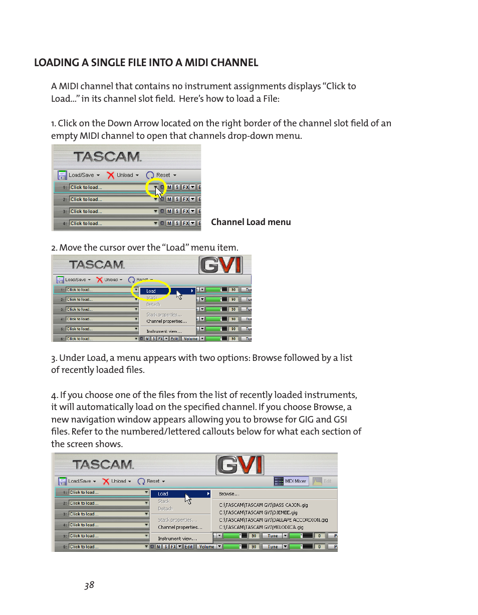 Loading a single file into a midi channel, Loading a single file into a midi channel 38 | Teac GVI User Manual | Page 38 / 62