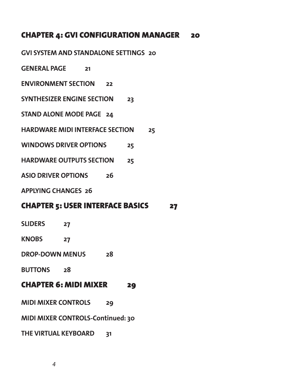 Chapter 4: gvi configuration manager 20, Chapter 5: user interface basics 27, Chapter 6: midi mixer 29 | Teac GVI User Manual | Page 4 / 62