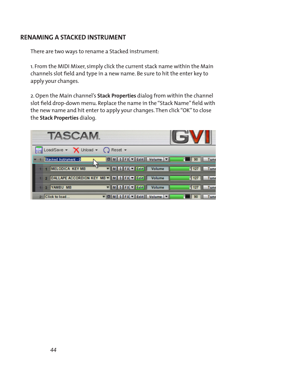 Renaming a stacked instrument | Teac GVI User Manual | Page 44 / 62