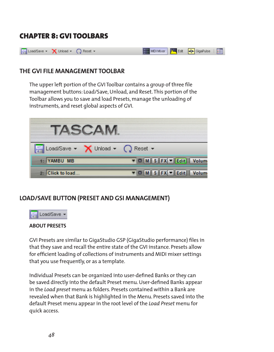 Chapter 8: gvi toolbars, The gvi file management toolbar, Load/save button (preset and gsi management) | Chapter 8: gvi toolbars 48, Load/save button (preset and gsi management) 48 | Teac GVI User Manual | Page 48 / 62