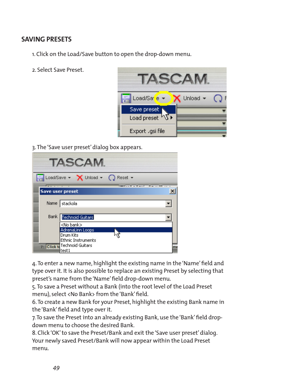 Saving presets | Teac GVI User Manual | Page 49 / 62