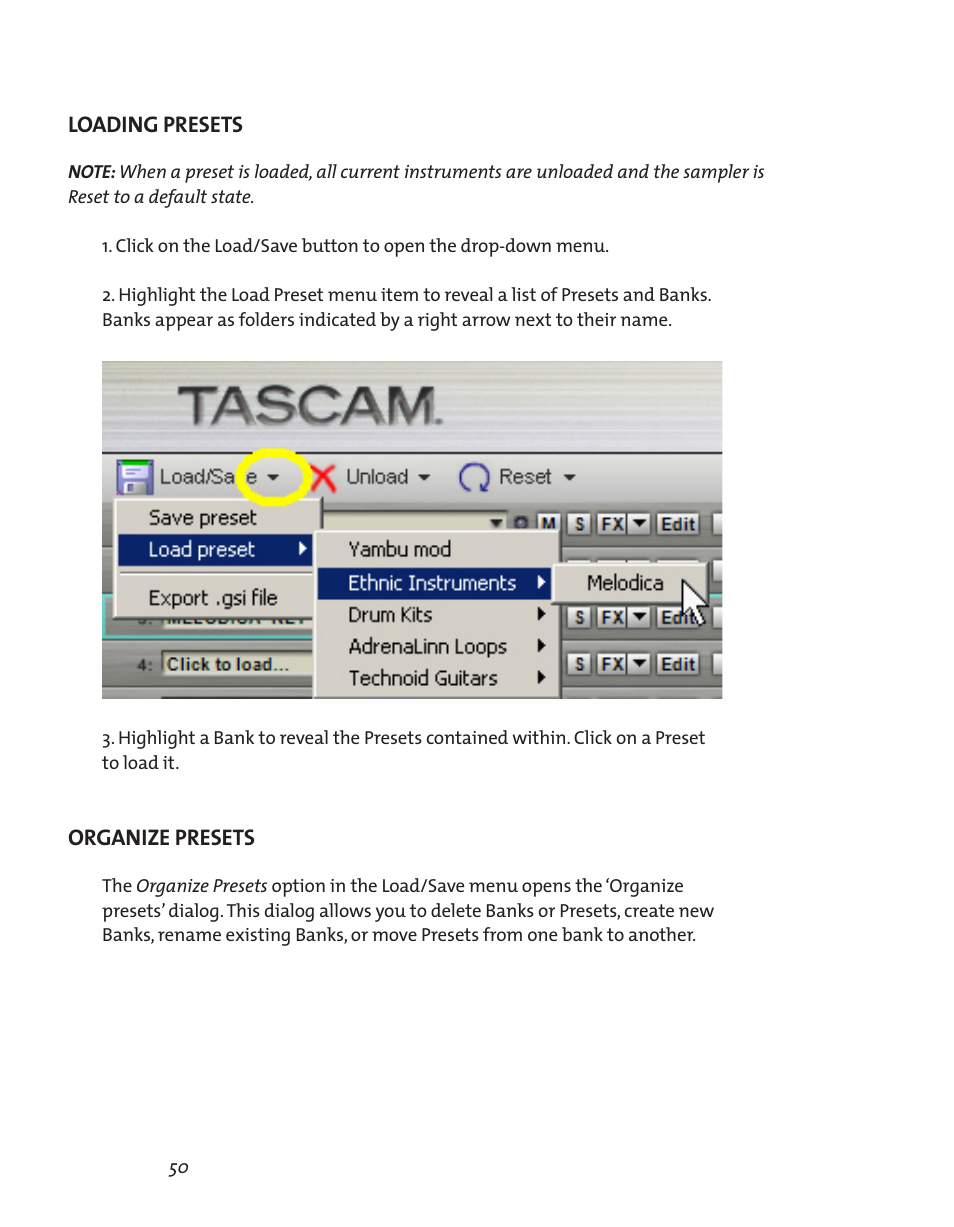 Loading presets, Organize presets, Loading presets 50 organize presets 50 | Teac GVI User Manual | Page 50 / 62