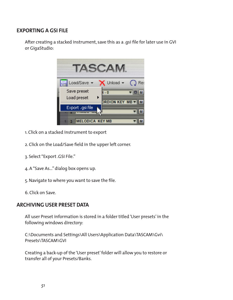 Exporting a gsi file, Archiving user preset data | Teac GVI User Manual | Page 51 / 62