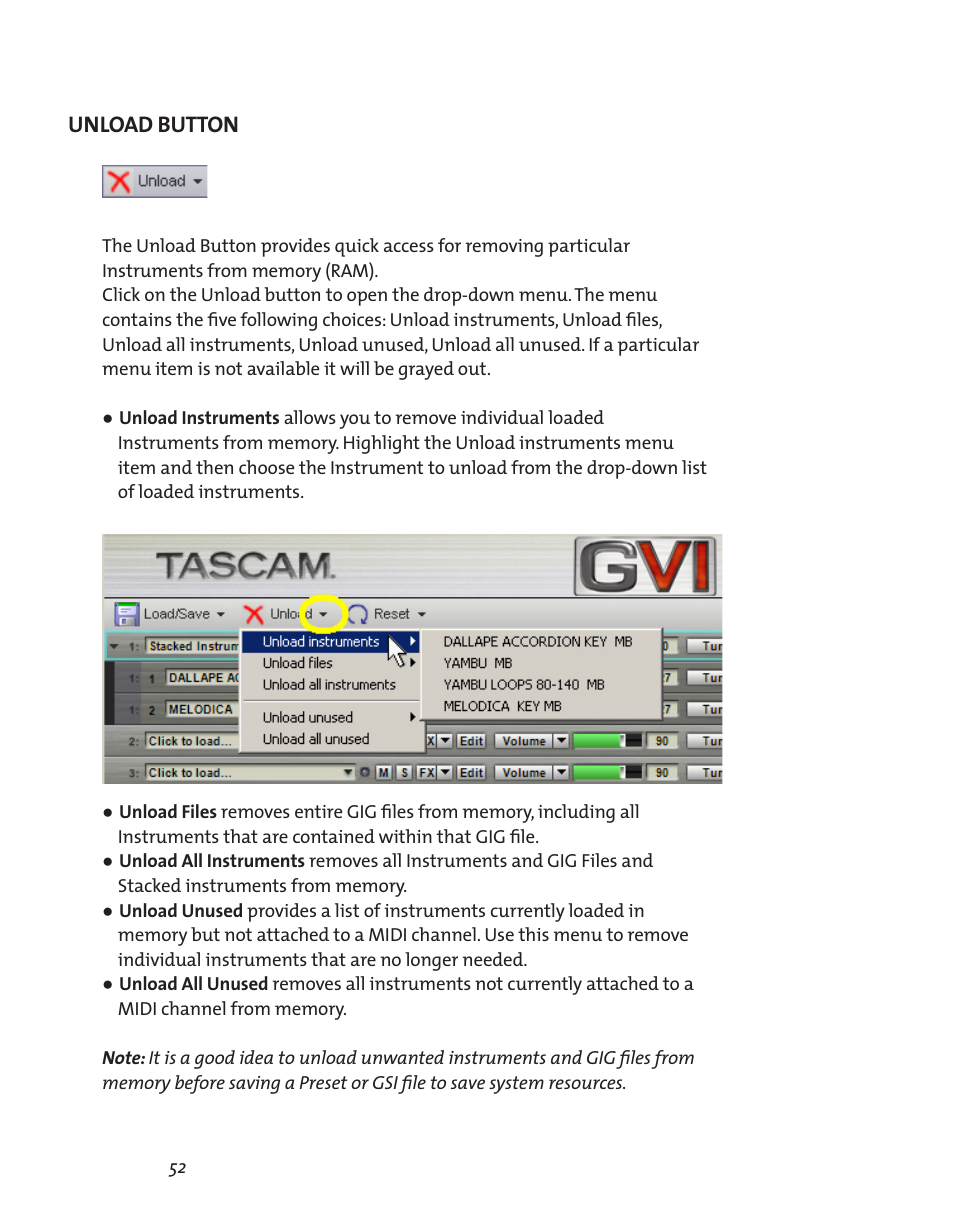 Unload button, Unload button 52 | Teac GVI User Manual | Page 52 / 62